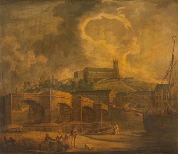 Oil painting showing a stone bridge with 4 arches crossing over a river. A dramatic cloudscape fills the sky in the upper half of the painting. In the background a castle and a church with a square tower overlook the town and the bridge from the top of a hill. The water below the bridge is low as the tide is out. In the foreground a family group is gathered around a small pile of barrels on the shore. Two sailors are leaning against a rowing boat nearby, and a larger vessel is moored to the right. Its sails are down and two men appear to be working on it, perhaps replacing the anchor: one is standing on the deck of the ship holding the cable while the other stands in a horse-drawn cart below, reaching up to hold the anchor. 